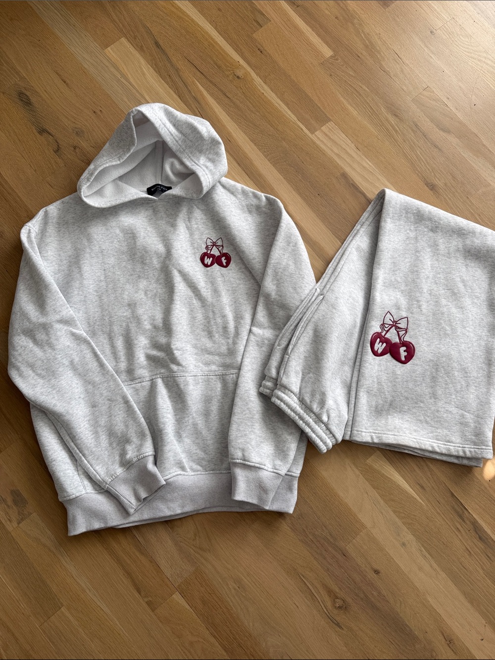 Women’s Grey Hoodie & Sweatpants Set with Maroon Cherry Graphic